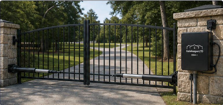 Rendered residential driveway gate with an OSM controller mounted beside the gate